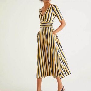 Boden 14 Kassidy Striped Jersey Midi Yellow Navy and White Stripe Dress